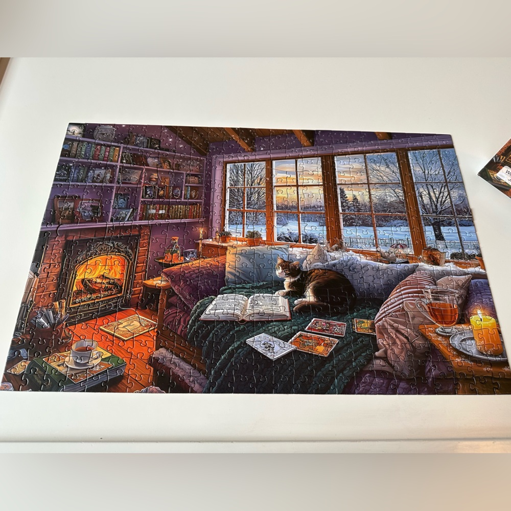 Cozy Reading Nook Puzzle Art - Warm Purple & Blue Scene
